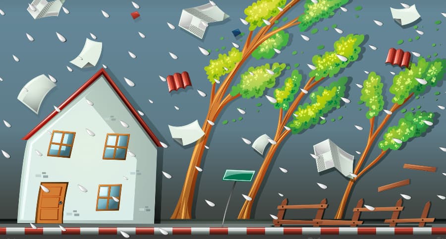 Representation of a storm affecting a residence and surrounding environment